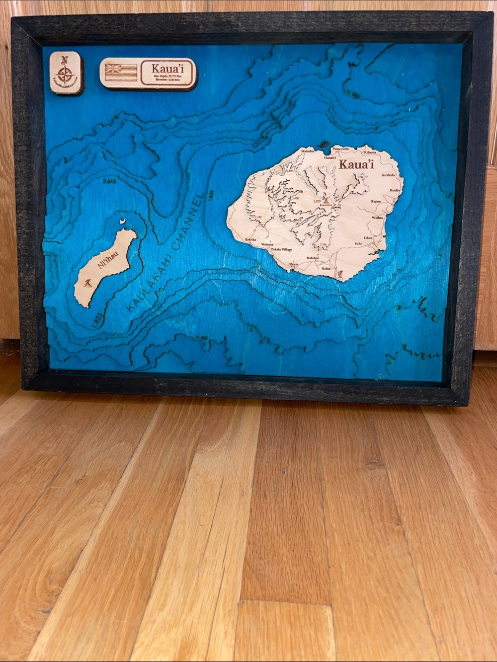 Kaua'i Layered Wood Topographic Map Art - Blue & Natural - 19x15.5” - Tahoe Maps